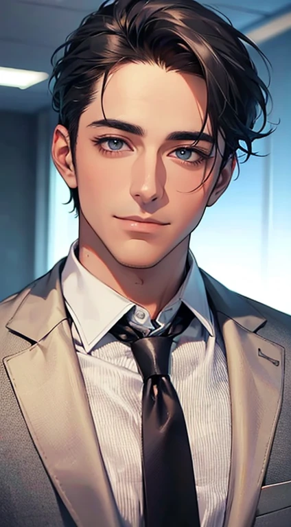 (Highest quality,4K,8K,High resolution,masterpiece:1.2),Super detailed,(Realistic,photoRealistic,photo-Realistic:1.37),1 person,32 years old,Mature Men,Beautiful skin、very handsome,Expressionless,smile,Short gray black hair,blue eyes,Sharp Eyes,A perfect face without a doubt,Businessman,Office Background,Cinema Lighting,HDR image,tie、