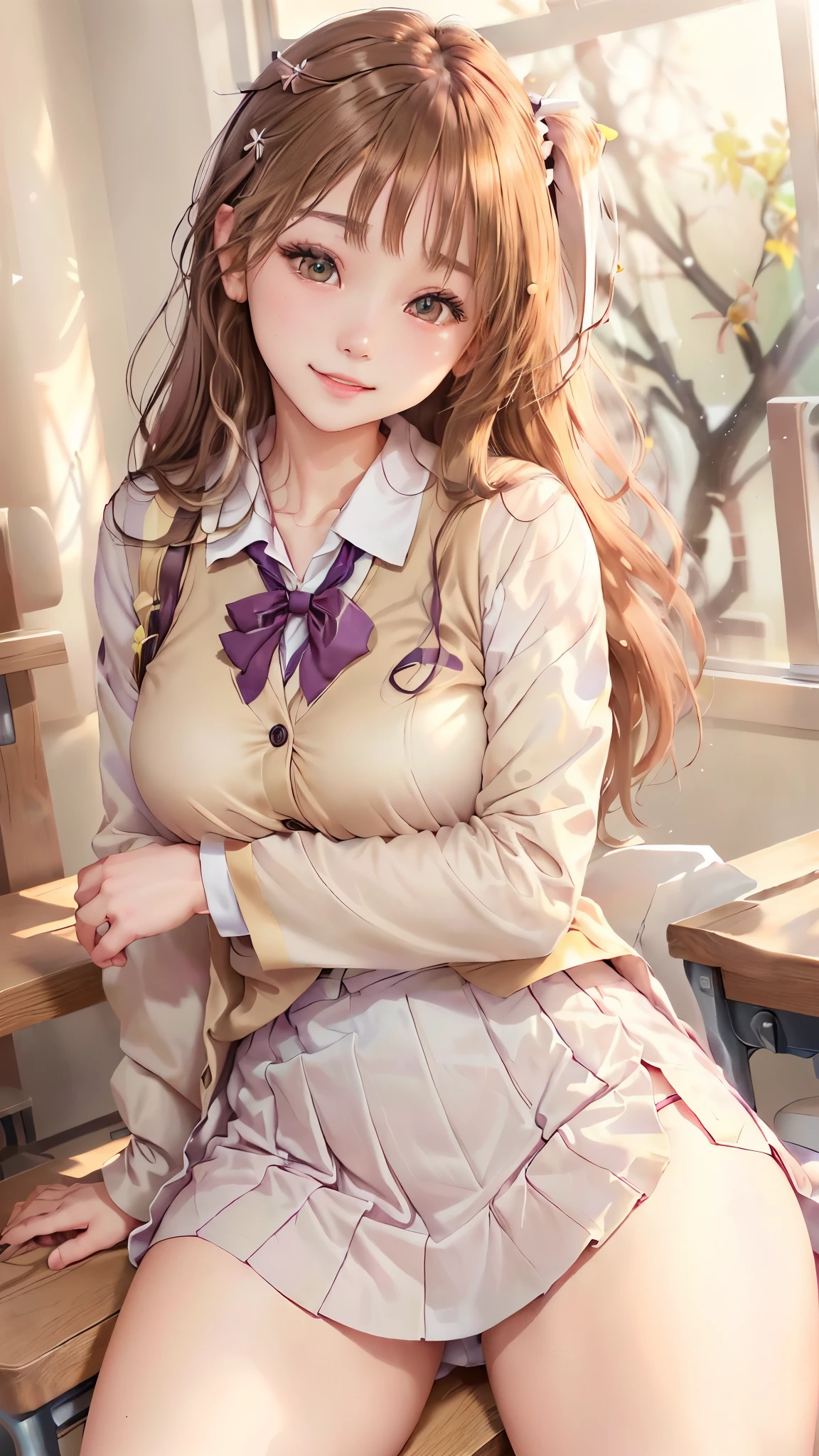 Arabic Asian woman in uniform sitting at a desk, かわいいhigh school girl, ポーズをとるhigh school girl, a hyper現実的なhigh school girl, 16K quality、最high quality, High resolution, Actual Photos, (Ultra-realistic、Realistic)、spread legs、show white panties、sexly,((Full body portrait))、(((very beautiful blonde teenager)))、 ((sitting on a chair in the classroom))、 (((blonde)))、 ((Shiny Hair、stick out one ear、Medium Long Hair))、(blue eyes)、((idols wearing Nogizaka uniforms))、blazer、Neck ribbon、Checked mini skirt、Brown Loafers、(Big eyes、Very beautiful and subtle makeup, Light makeup, blondeの美しい髪)、((Her legs are spread open and her miniskirt is rolled up to show off her White panties.))、((Do not hide your panties))、(White panties)、Highly detailed eyes and face、Well-groomed nose、Thin eyebrows、(Perfect Eyes)、Perfect hands、Perfect Fingers、 (F Cup Big)、Clear double eyelids、Patchy's eyes、clear, Beautiful face and well-proportioned eyes, ( Very beautiful and subtle makeup, Light makeup、Well-groomed nose、Thin eyebrows), Border Light, (Soft Light, high quality, Smooth and sharp, 10x pixelation, Beautiful Eyeshadow),((Browsing Caution))、((Ecstatic expression、reach sexual climax))、mouth hanging open、Sexy mouth、(Cute Japanese)、 smile、Fine and beautiful lips , Cute round face, Plump thighs、Accentuate your thighs、Hairstyles with bangs、Delicate body、slim、Light-reflecting skin、Model body type、Detailed fingers、Beautiful Eyes、長いまつ現実的なhigh school girl, Japanese Model, 現実的なhigh school girl, wearing Japanese School Uniform, Japanese School Uniform, high school girl, The entire subject is visible, high school girlの格好をした, からかいのsmile, Young Sensual Gravure Idol