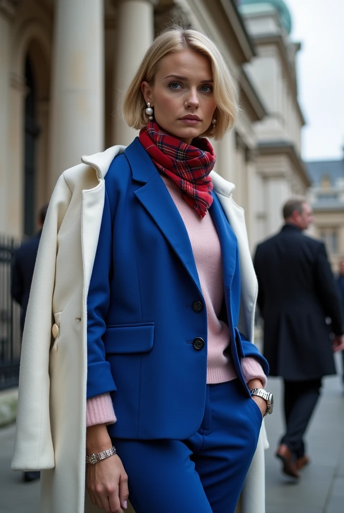Side view, standing pose, Her name Catherine Bond, Code Name 007 ,Scott-land-yard, MI-6 member, (looking at viewer:1.3), Scottish woman, 30 years-old, (blond hair , blue eye, short cut, serious), white pearl earring, Rolex ready' watch, A beautiful Scottish woman wearing Royal Blue blazer jacket, pink turtleneck sweater, Royal Blue pants, ((White Burberry winter overcoat)), (put a muffler around one's neck , Red tartan-check muffler), brown shoes , front MI 6 building in London , ((super detail, high details, high quality, accurate, anatomically correct, textured skin, beautiful fingers super detail, high details, high quality, best quality))