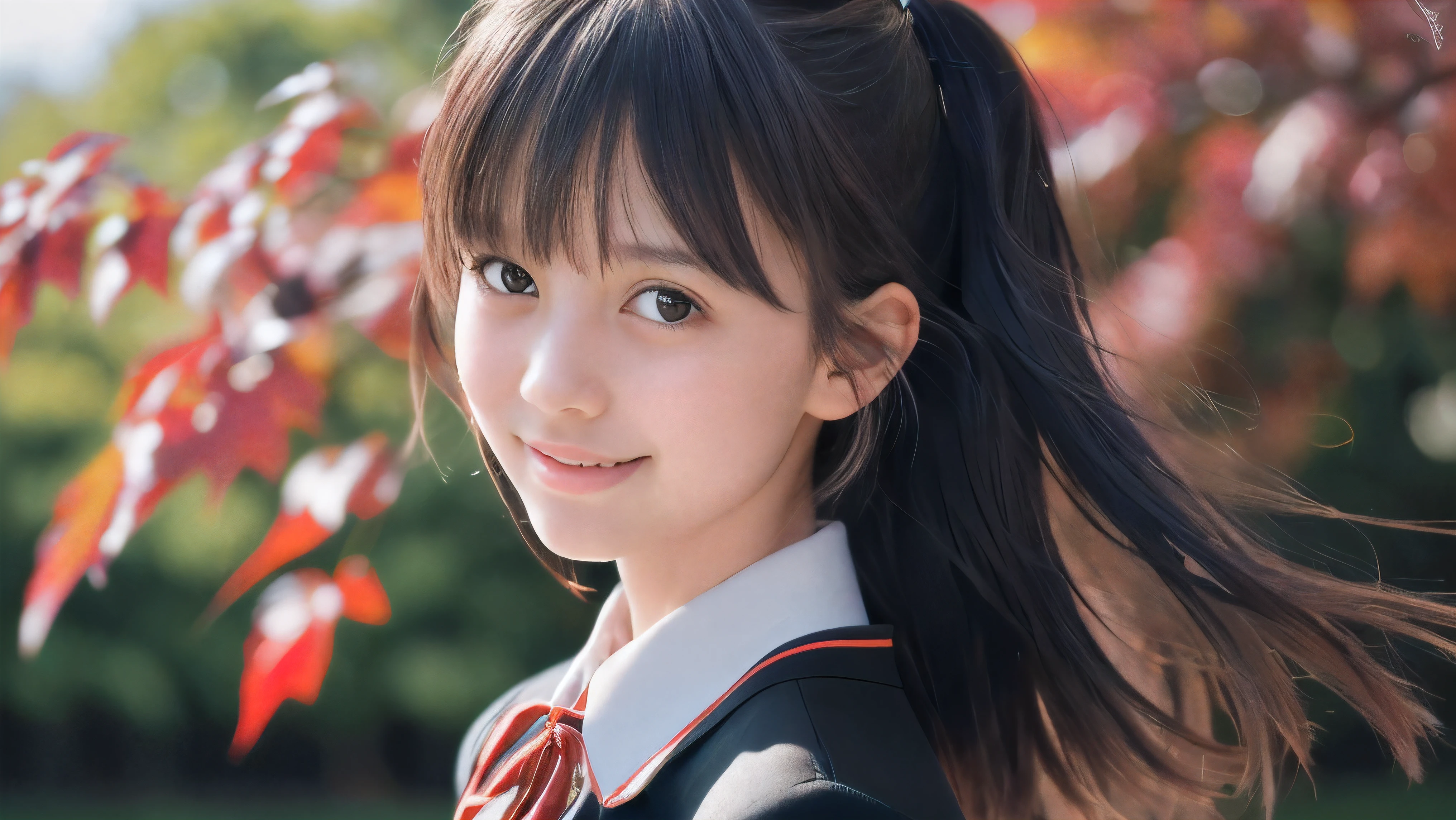 (Close up face shot of one slender small breasts two side up black medium hair bangs girl with crying little smile face in long sleeves black school uniform:1.5)、(One girl is turn around  and her hair is blowing in long sleeves black school uniform:1.5)、(Beautiful red leaves and autmn mountain:1.5)、(Soft filter:1.5)、(8k ultra detailed master piece:1.5)、(perfect anatomy:1.5)、(Photorealistic stick:1.5)、(Raw photo:1.3)、(highest quality:1.5)、(High resolution:1.3)、(Delicate and beautiful perfect face:1.3)、(Delicate and beautiful eye air skin:1.3)、(Real Human Skin:1.3)、((thin legs))