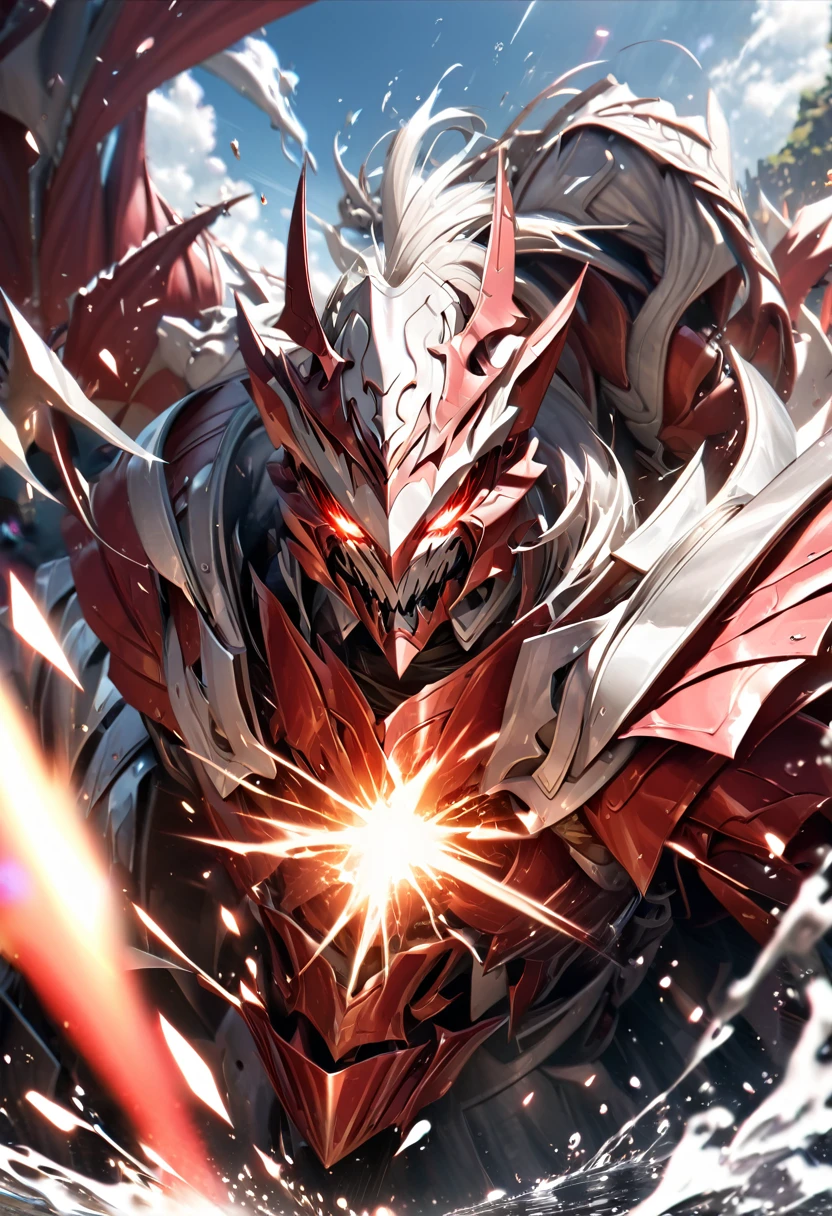 Ultra hd, high resolution,8k,Ultra realistic, high detail,, ,absurdres, highres, ultra detailed, HDR, masterpiece, extremely detailed face and eyes, , epic dragon armor knight , knight mask, red and white color,  , solo, man, handsome, ,, , Epic fight scene, red and white water splashing effect,red and white lightning effect,glowing glitters, explosive effect