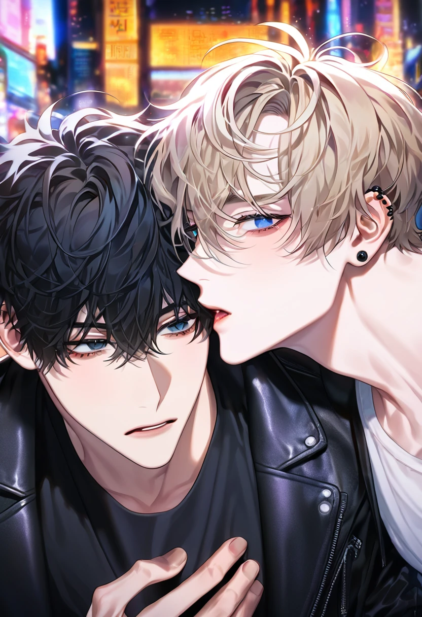 absurdres, highres, ultra detailed, HDR, master piece, best quality, extremely detailed face, delicated features, Kang Woojin, black hair, messy hair, expressive dark blue eyes, Love Jinx, Lim Haegyung, ash-blonde hair, hair between the eyes, messy hair, expressive blue eyes, two sexy men together, yaoi, gay couple, handsome, sensual, black leather jacket, black tight T-shirt, black piercings, city, lights, buildings, night, street