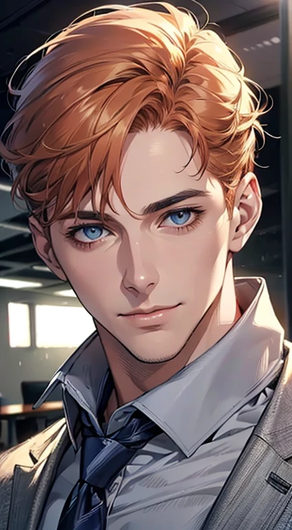 (Highest quality,4K,8K,High resolution,masterpiece:1.2),Super detailed,(Realistic,photoRealistic,photo-Realistic:1.37),1 person,33 years old,Mature Men,Beautiful skin、very handsome,Expressionless,smile,Short gray pi
Orange hair,blue eyes,Sharp Eyes,A perfect face without a doubt,Businessman,Office Background,Cinema Lighting,HDR image,tie、