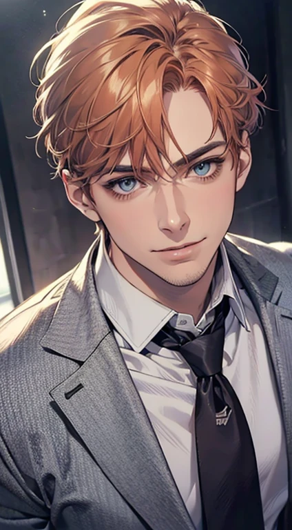 (Highest quality,4K,8K,High resolution,masterpiece:1.2),Super detailed,(Realistic,photoRealistic,photo-Realistic:1.37),1 person,33 years old,Mature Men,Beautiful skin、very handsome,Expressionless,smile,Short gray pi
Orange hair,blue eyes,Sharp Eyes,A perfect face without a doubt,Businessman,Office Background,Cinema Lighting,HDR image,tie、
