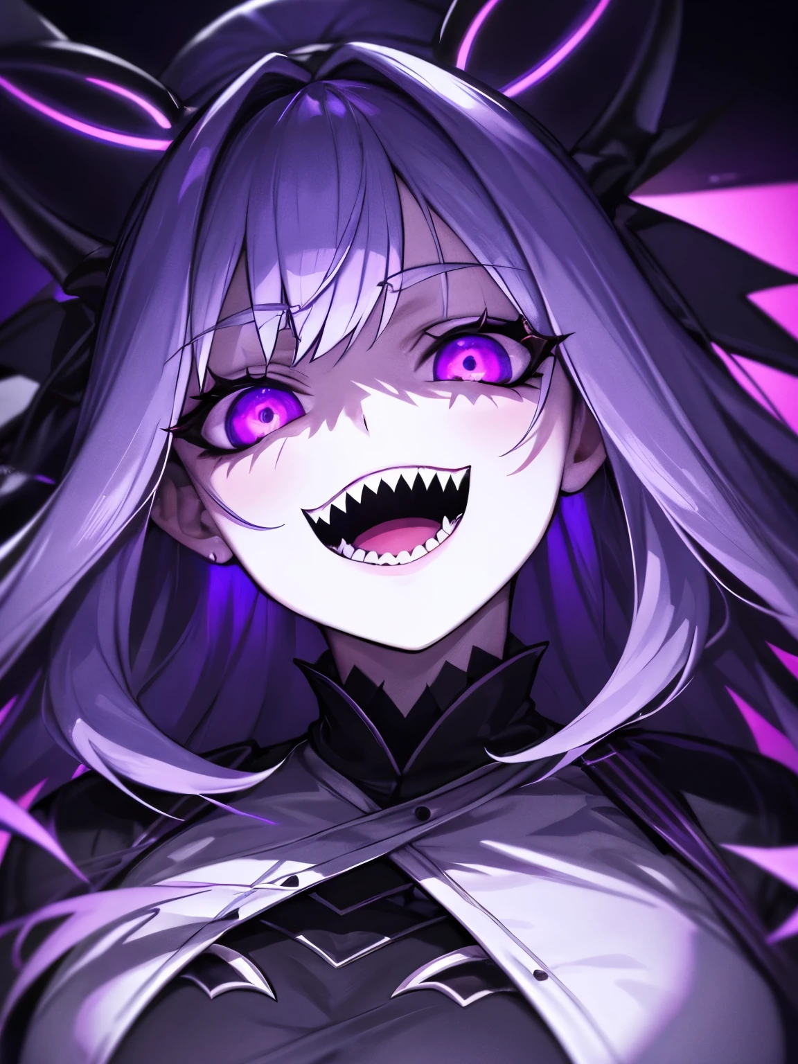 1girl , night hunter, glowing violet eyes, night, sharp teeth, open mouth, mischivous smile, scary, close up
hard lighting, best quality, intricate, highly detailed, masterpiece,