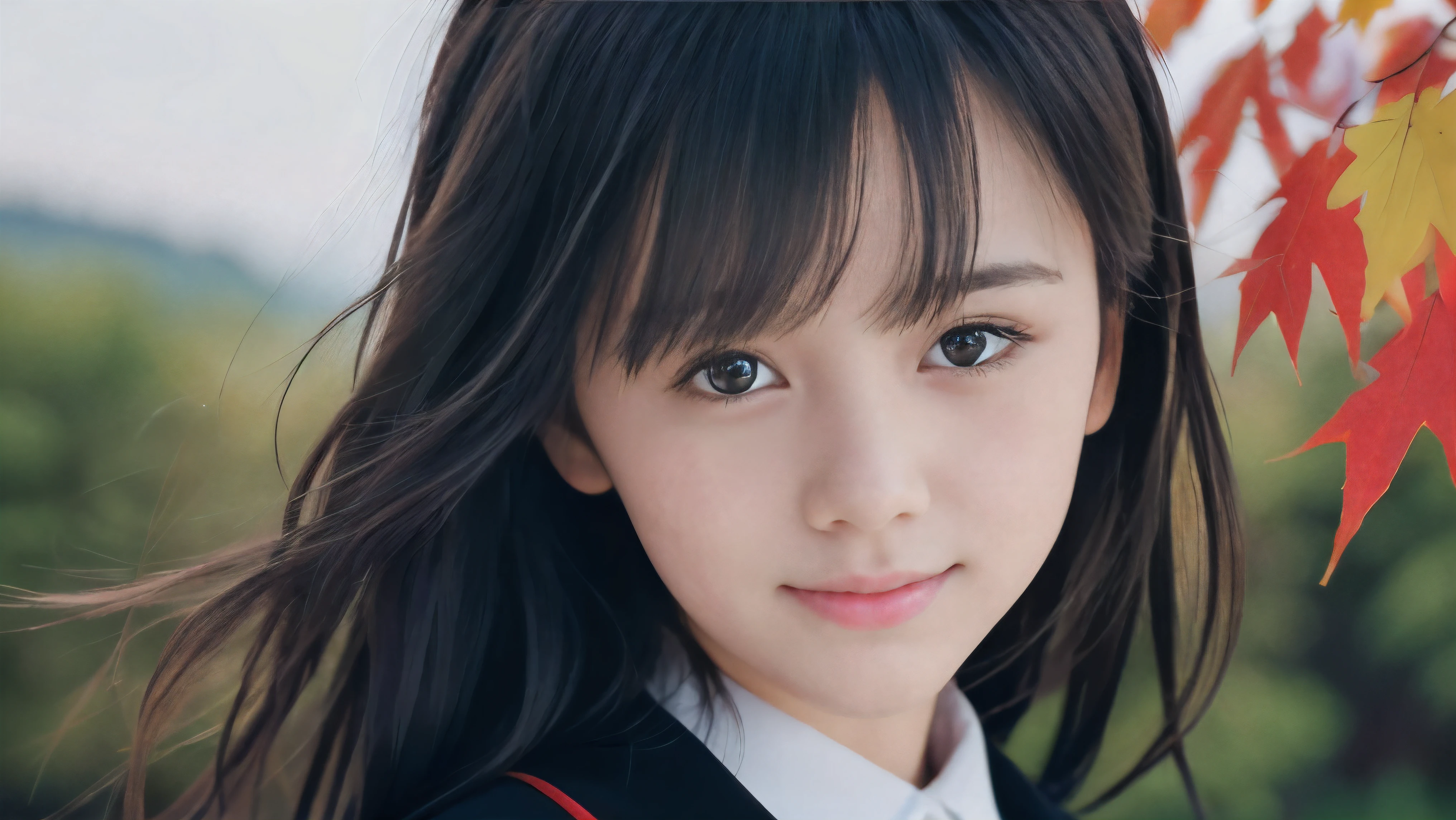 (Face shot of one slender small two side up black medium hair bangs girl with crying little smile face in long sleeves black school uniform:1.5)、(One girl is turn around and her hair is blowing in long sleeves black school uniform:1.5)、(Beautiful red leaves and autmn mountain:1.5)、(Softer:1.5)、(8k ultra detailed master piece:1.5)、(perfect anatomy:1.5)、(Photorealistic stick:1.5)、(Raw photo:1.3)、(highest quality:1.5)、(High resolution:1.3)、(Delicate and beautiful perfect face:1.3)、(Delicate and beautiful eye air skin:1.3)、(Real Human Skin:1.3)、((thin legs))