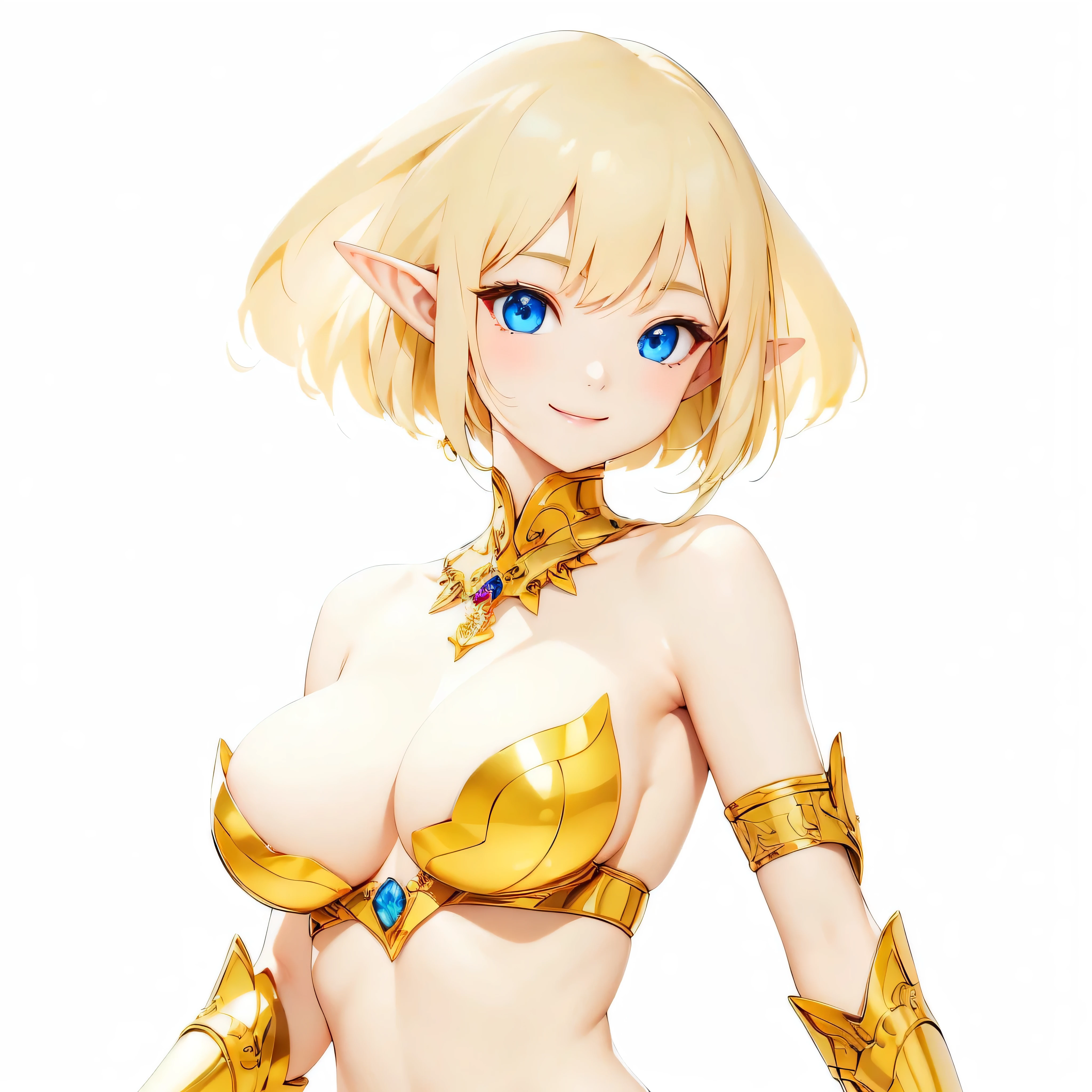 Highest quality、Very detailed、High resolution、１６ｋ、Thin contours、耳の長いElf、Nipples are visible、Shining golden armor、Gold bikini armor、Very large breasts、Extremely transparent skirt、Wearing black pants、chest proportion、Smile of the Goddess、Very white skin、Beautiful fingers、Perfect Style、Elf、No bra、Blonde hair and blue eyes、Cool smile