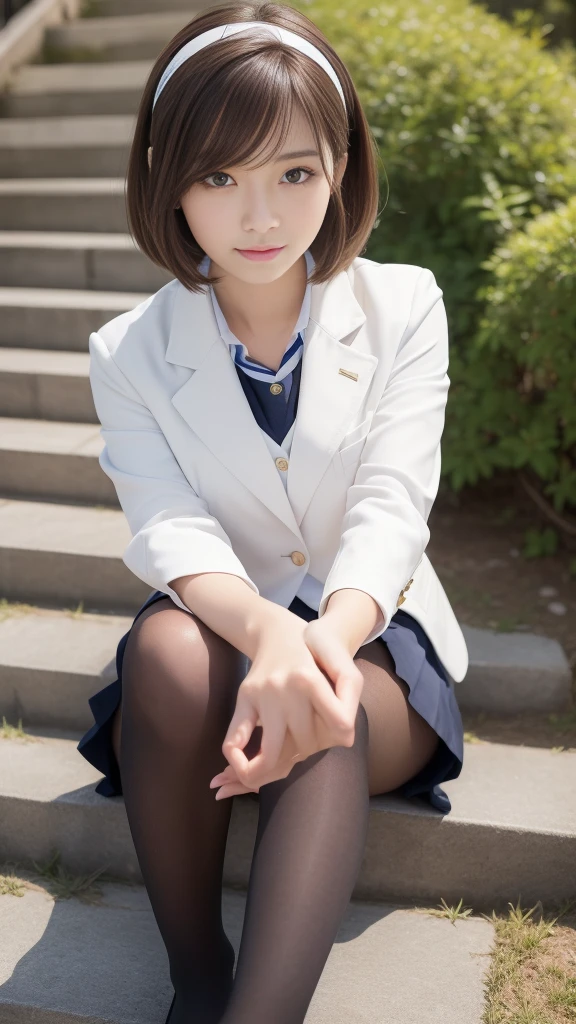 (masterpiece,Highest quality,Ultra-high resolution),Japanese women, Very beautiful 22 year old girl, Born Girl、(Perfect hands足、Perfect Anatomy),(Bob Hair,hair band).Very detailed cute,Innocent big eyes,Detailed eyes,(Brown haired),(short hair),(Bans),Perfect Skin,Glowing Skin,White skin,Fine skin,Big ample breasts,((Perfect Anatomy,Nice hands,Perfect hands,Five fingers connected to the palm,Accurate needles without discomfort)),Showing panties、Panty shot、(Japanese high school girls uniform))、Positive、((Dynamic Pose)))、((Sit with both knees up))、((Sit on the stairs))、Sitting with legs together、garden、Mini Pleated Skirt、blazer,Black Pantyhose