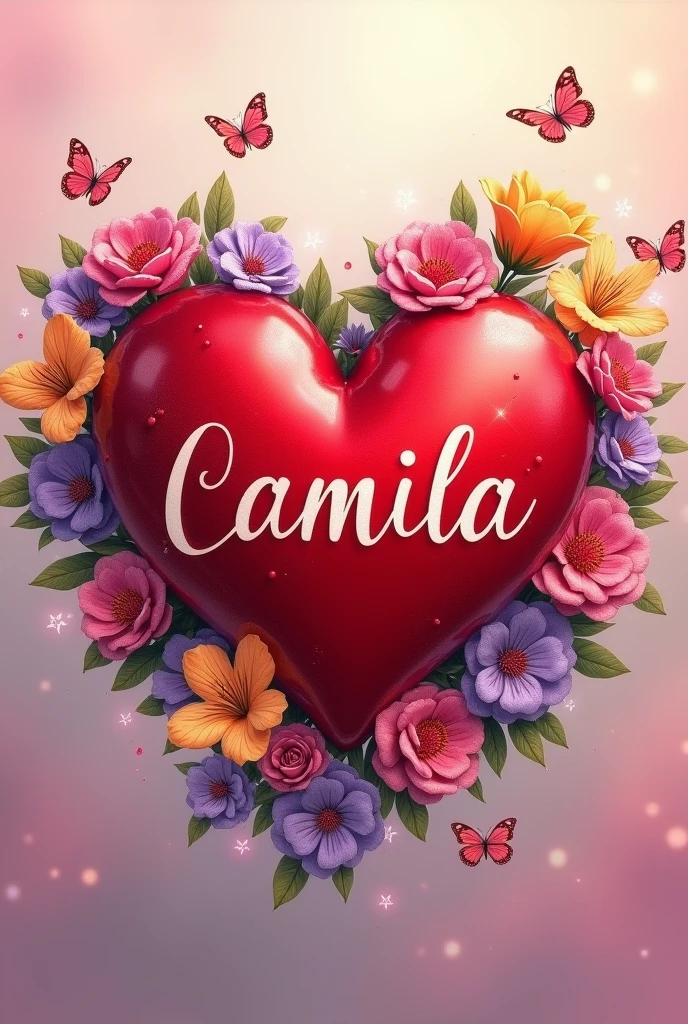 A heart surrounded by flowers with the name Camila written in the center