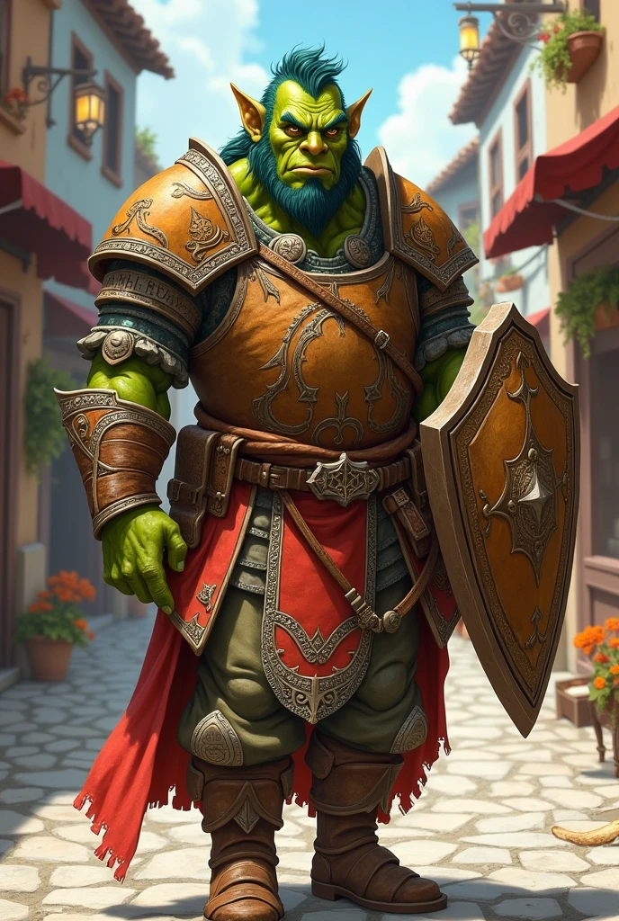 I want to create a Half-Orc, who is a baker and a paladin at the same time, who is looking for adventures and has a kind face despite a large and strong body, It's for my Dyd campaign that has a deck as a weapon, a shield and a small oven that he always carries on his back
