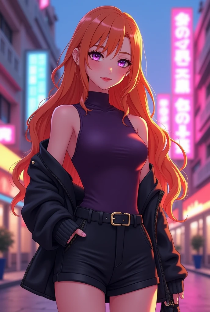 Vanessa is a very beautiful fifteen-year-old girl with snow-white skin, she has long, wavy light orange but bright hair, light purple almond-shaped eyes, her face is heart-shaped and she has a small nose and salmon pink lips, she wears a sleeveless turtleneck shirt in dark purple with a black jacket and black shorts, she also wears black high-heeled boots with a small heel. ((Epic Anime 3D))