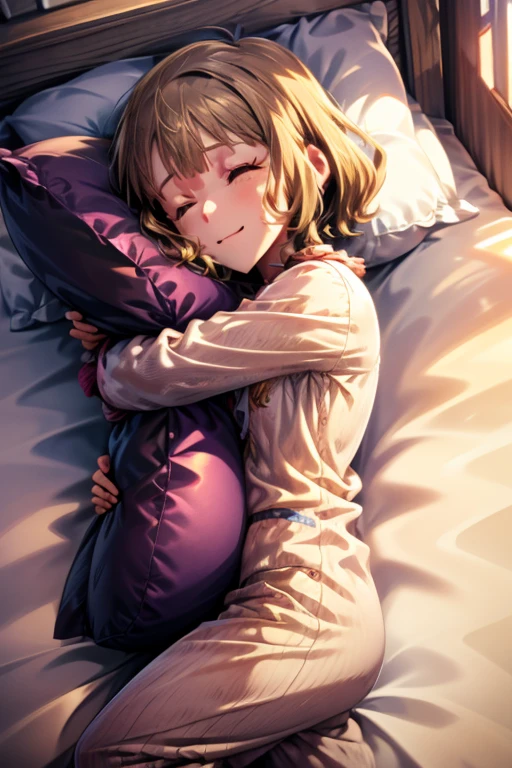 masterpiece, Highest quality, High resolution, 1 female、{momoko suou (million live)}、Brown Hair、Fluffy short cut、smile、sleep、(Sleep、Close ~ eyes)、Yellow pajamas、Bedroom、bed、((pillow_hug))、A body pillow that is taller than my height、Hugging with both arms and legs、