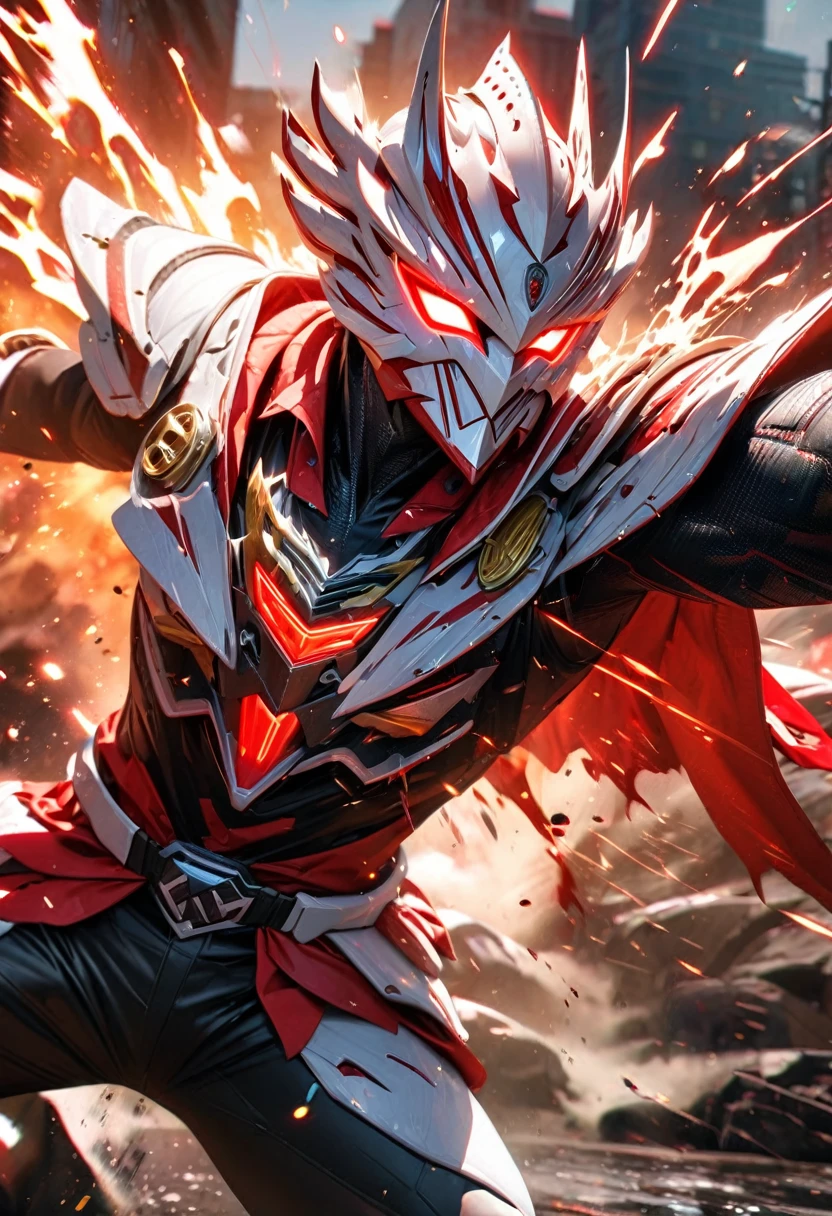 Ultra hd, high resolution, 8 k, ultra realistic,absurdres, highres, ultra detailed, HDR, masterpiece, extremely detailed face and eyes,,,red and white Kamen rider ryuki, epic eagle garuda knight mask, , , solo, man, handsome, ,, , Epic fight scene,red and white splashing effect,red and white lightning effect,glowing glitters, explosive effect