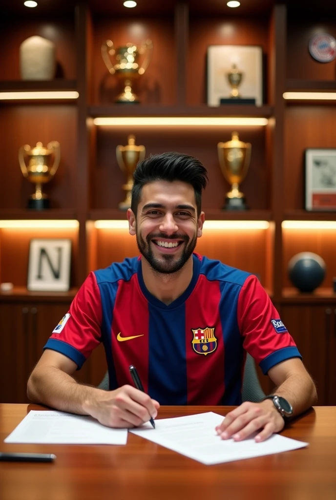 Create for me a young, slightly thin Spanish football player, sem beard, and is 21 years old, The player has black hair, signing a contract with a happy face, he is signing with Bayern Munich