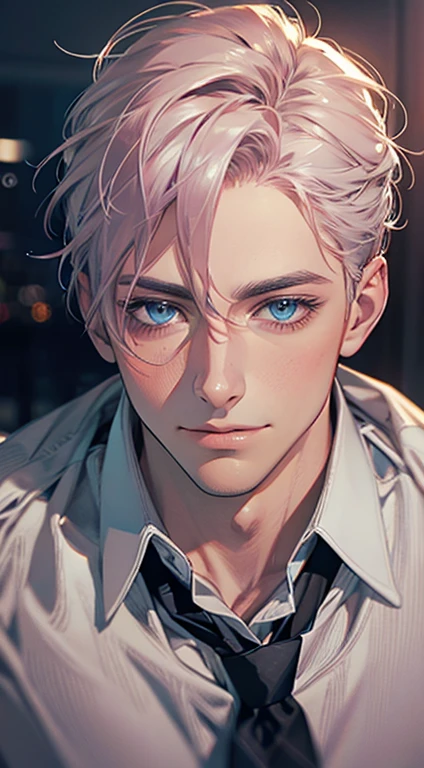 (Highest quality,4K,8K,High resolution,masterpiece:1.2),Super detailed,(Realistic,photoRealistic,photo-Realistic:1.37),1 person,31 years old,Mature Men,Beautiful skin、very handsome,Expressionless,smile,Short gray pink hair,blue eyes,Sharp Eyes,A perfect face without a doubt,Businessman,Office Background,Cinema Lighting,HDR image,tie、