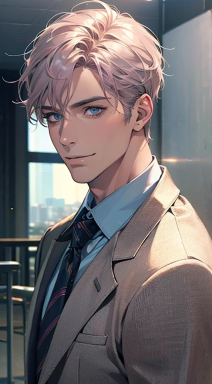 (Highest quality,4K,8K,High resolution,masterpiece:1.2),Super detailed,(Realistic,photoRealistic,photo-Realistic:1.37),1 person,31 years old,Mature Men,Beautiful skin、very handsome,Expressionless,smile,Short gray pink hair,blue eyes,Sharp Eyes,A perfect face without a doubt,Businessman,Office Background,Cinema Lighting,HDR image,tie、