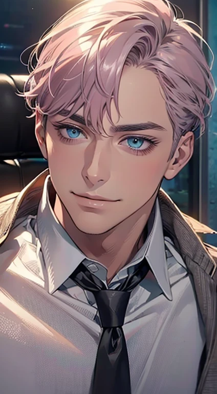 (Highest quality,4K,8K,High resolution,masterpiece:1.2),Super detailed,(Realistic,photoRealistic,photo-Realistic:1.37),1 person,31 years old,Mature Men,Beautiful skin、very handsome,Expressionless,smile,Short gray pink hair,blue eyes,Sharp Eyes,A perfect face without a doubt,Businessman,Office Background,Cinema Lighting,HDR image,tie、