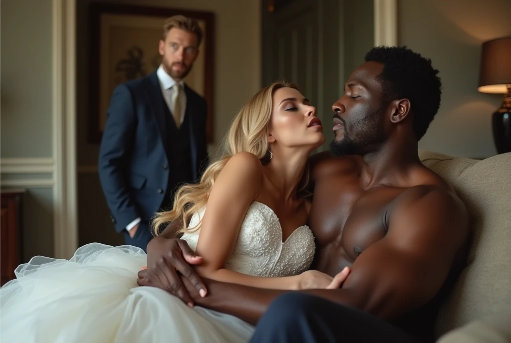 Magnificent detail, 8K Photos, hyper- realism, realistic background, visual depth, wide angle lens, professional light, all-body. {The scene shows a beautiful 25 year old blonde bride in a wedding dress rolling her eyes upwards expressing sexual pleasure sitting on a sofa hugging a strong muscular black man., while another man who is her white blond fiancé is in the background of the photo, entering through the door and witnessing the scene with surprise.} {The bride wears a dress that really highlights her body, It has a strapless neckline.} {The bride has her mouth open expressing feeling an intense orgasm}. {The groom is dressed in a traditional wedding suit and a stylishly arranged slim tie.. She expresses despair at the sight of the scene.} {The black man holds the bride by the waist with a look of sexual pleasure. He is shirtless, without any item of clothing, but her private parts are covered by the bride's dress} {the bride is on the black man's lap, hugging him from the front.} betrayal. sensual image. adult content