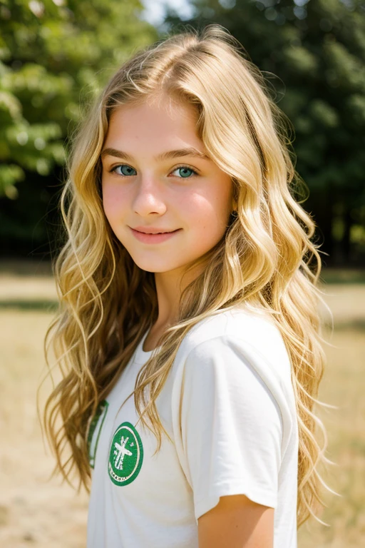 Fourteen-year-old girl with wavy blonde hair and green eyes