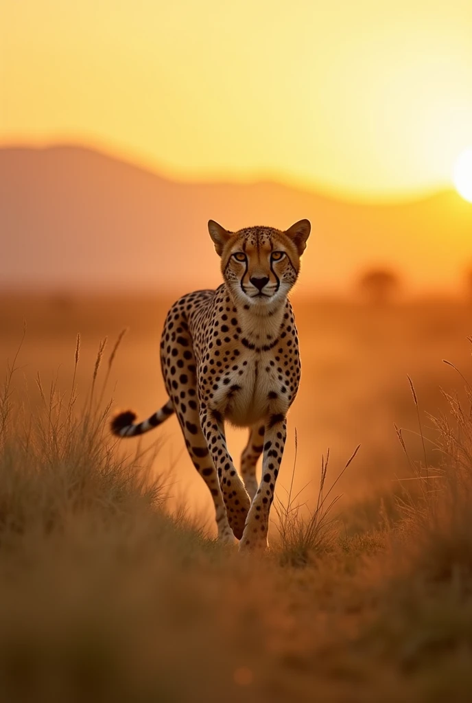 A wide-angle lens from a documentary,Head-up view,Panorama display,A cheetah in the African savanna,Its fur is covered in golden spots,Smooth muscle lines,Its running form is graceful,Chasing across the boundless plains,A gentle breeze sweeps across the grasslands,Animals hide in the tall grass,dusk,Sunset,The golden light bathes the vast plains,Depth of Field,Distant mountains blur in the haze