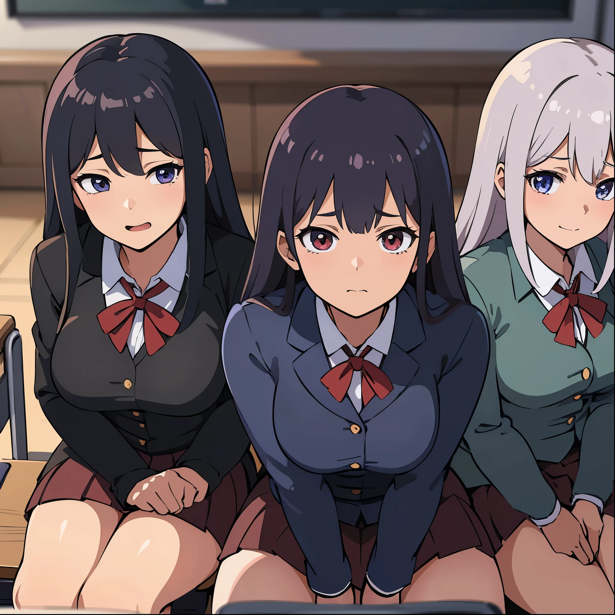 top quality, masterpiece, ultra high resolution, Image of 4 anime girls in school uniforms in a classroom
