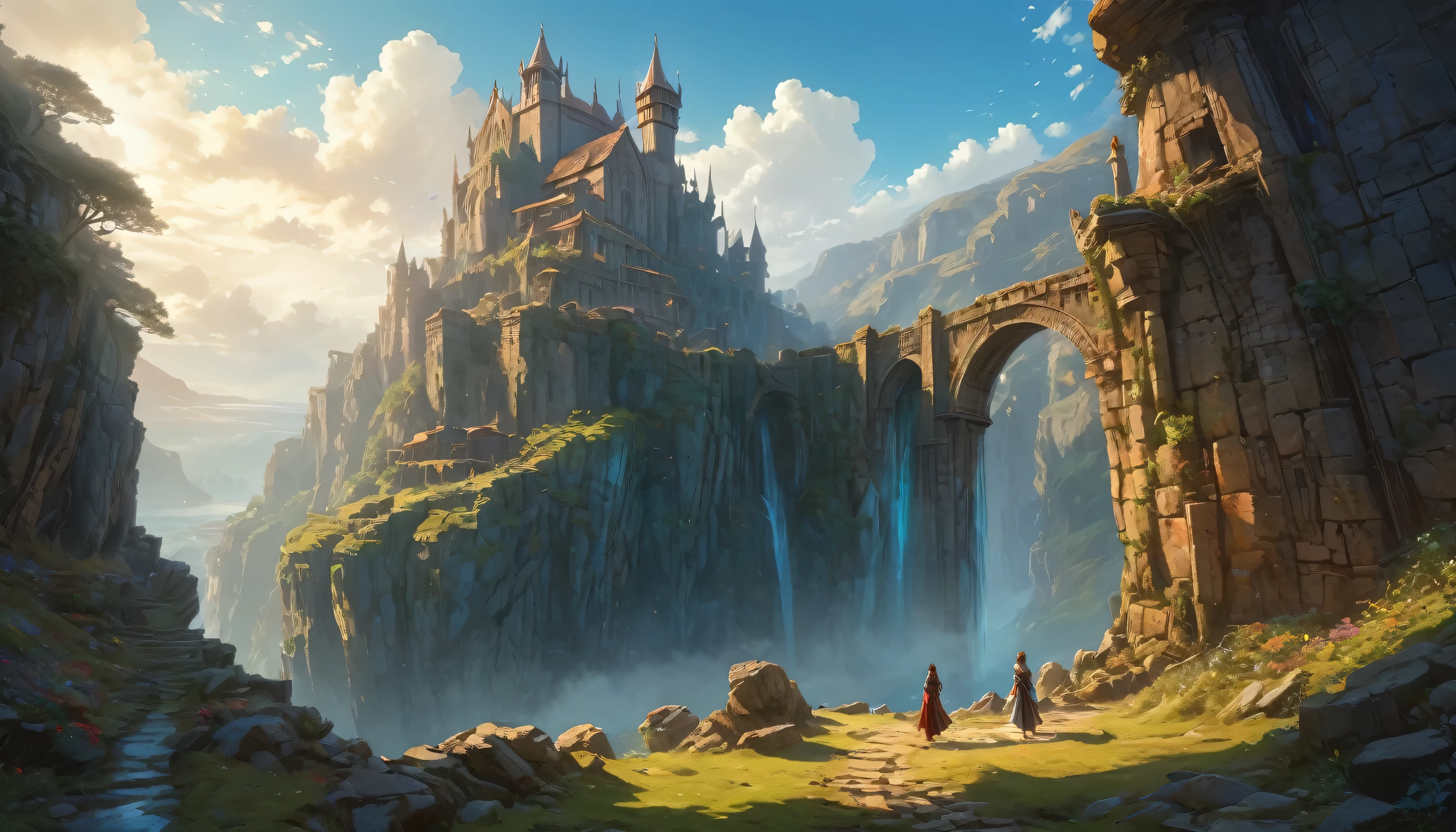 (anime, fantasy, huge wall), (detailed CG unity 8k wallpaper, masterpiece, best quality, ultra-detailed, HDR:1.2), a huge stone wall, towering wall, grandeur, medieval. {unique shape}, vibrant color, intricate, ethereal lighting. From Brian Froud and Carne Griffiths and Wadim Kashin and John William Waterhouse