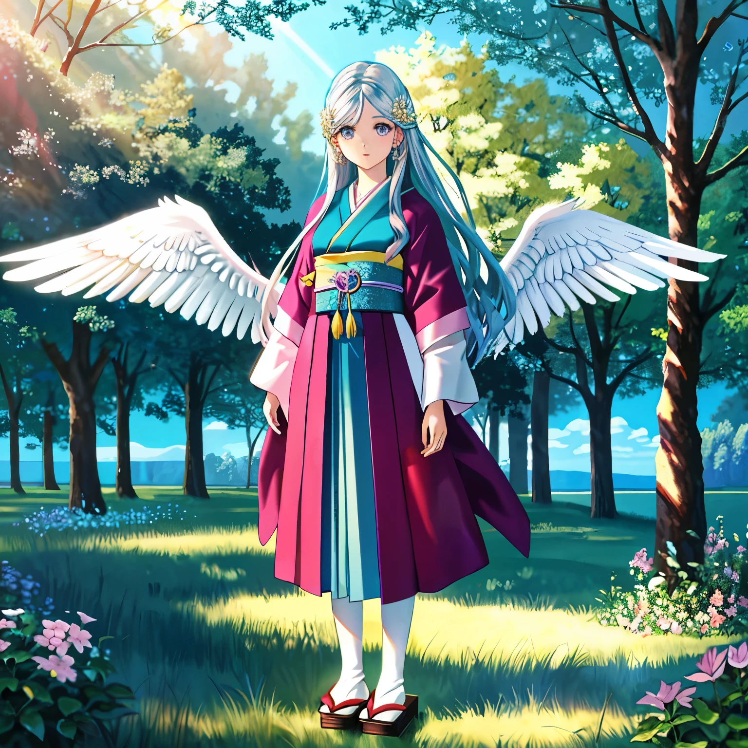 ****Theme****:****(((Protection of mind and body, peace and tranquility, blessings for improved living standards, spiritual protection and guardianship)))****1:1.8 BREAK
****Colors****:****(((Gold (main1), Blue (main2), Green (main3), Light Blue, Yellow, Silver, Deep Red, Light Purple, Deep Brown, Pink, Wine Red)))****1:1.8 BREAK
****Face details****:****(((Extremely beautiful face, detailed eyes and facial features)))****1:1.8 BREAK
****Emotion and expression****:****(((Calm and loving expression)))****1:1.8 BREAK
****Hairstyle and color****:****(((Natural color)))****1:1.8 BREAK
****Style****:****(((The illustration style is a fusion of photorealistic illustration and Japanese anime style)))****1:1.8 BREAK
****Power words****:****(((Artistic, ultimate, strongest, perfect, extraordinary, groundbreaking, amazing, overwhelming, creative, pioneering, innovative)))****1:1.8 BREAK
****Worldview****:****(((Spiritual and peaceful worldview)))****1:1.8 BREAK
****Composition****:****(((Full body, visible down to the toenails)))****1:1.8 BREAK
****Wings****:****(((Large, symmetrical wings, detailed feather depiction)))****1:1.5 BREAK
****Background details****:*****((Background includes a lush green park, trees and flowers with sunlight filtering through, a wooden bench, creating a serene and peaceful atmosphere))*****1:1.5 BREAK
****Illustration atmosphere****:*****((The overall atmosphere of the illustration is grand and calm, with an emphasis on the elements of (worldview)))*****1:1.5 BREAK
****Perspective****:*****((Character and background perspective match))*****1:1.5 BREAK
****Body type****:*****((Ideal body type, proportions based on the golden ratio))*****1:1.5 BREAK
****Number of characters****:*****((ultra-ultimate beautiful one woman))*****1:1.5 BREAK
****Movement details****:*****((Standing quietly))*****1:1.5 BREAK
****Viewpoint****:*****((Front view))*****1:1.5 BREAK
****Hairstyle and color****:*****((Long hair, flowing, natural color))*****1:1.8 BREAK
****Lig