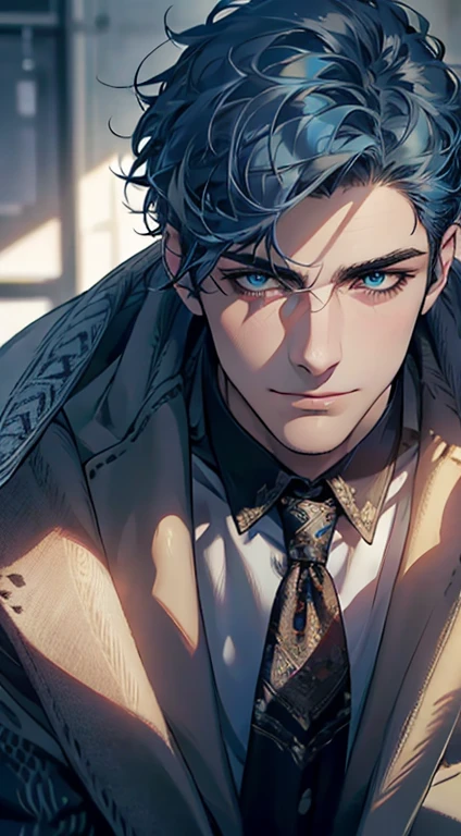 (best quality,4k,8k,highres,masterpiece:1.2),ultra-detailed,(realistic,photorealistic,photo-realistic:1.37),1 man,31 years old,mature man,very handsome,without expression,smile,short blue hair,blue eyes,penetrating gaze,perfect face without errors,imposing posture,businessman,office background,cinematic lighting,hdr image