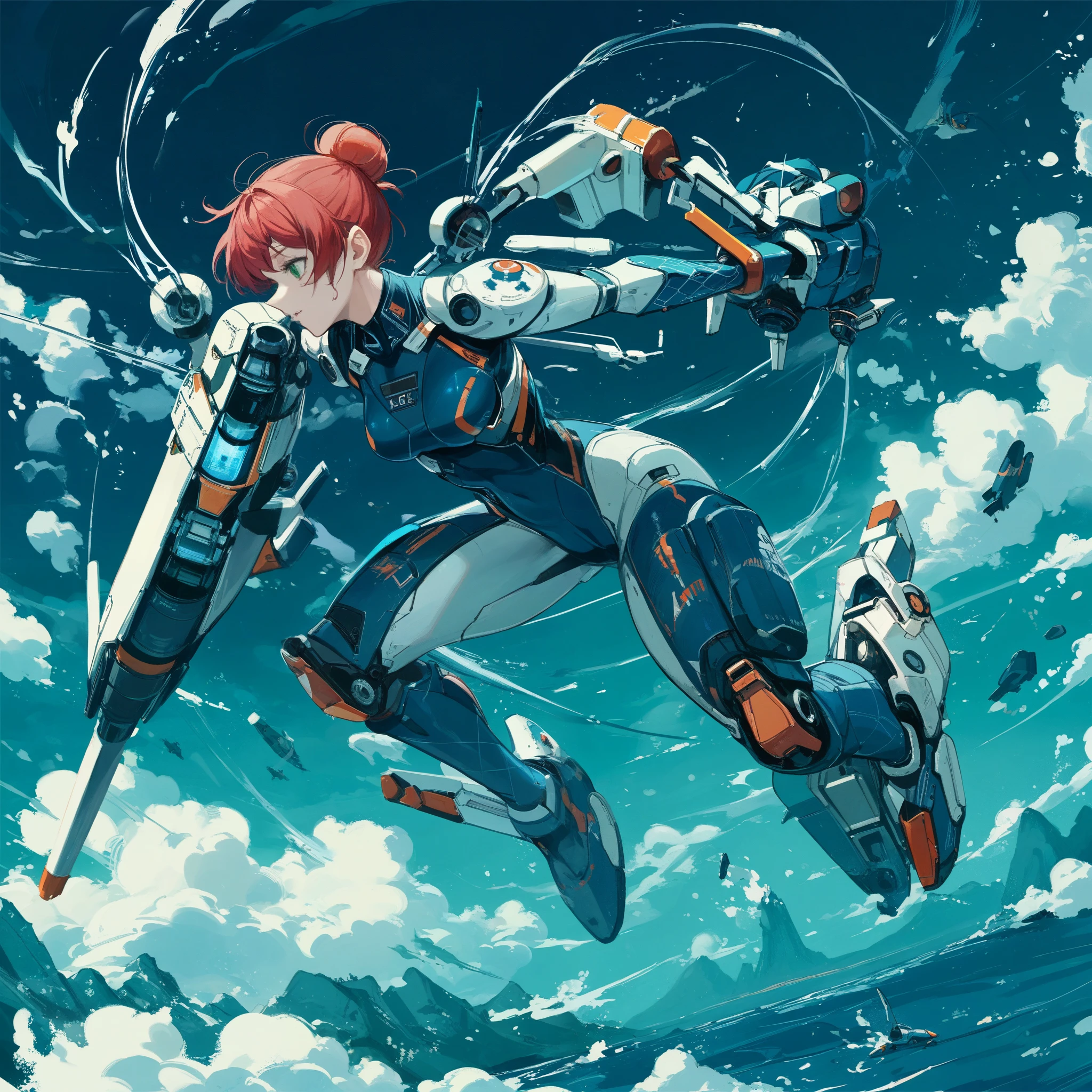 a girl, white skin, look no emotional, short red bun hair, green eyes, wearing a blue and purple color EVA plug suit, the plug suit made by machine used by steels, behind the back having 6 propellers, the right hand grabbing of a long and large Bazooka, flying in the sky with a few of f-16 model fight jets, 