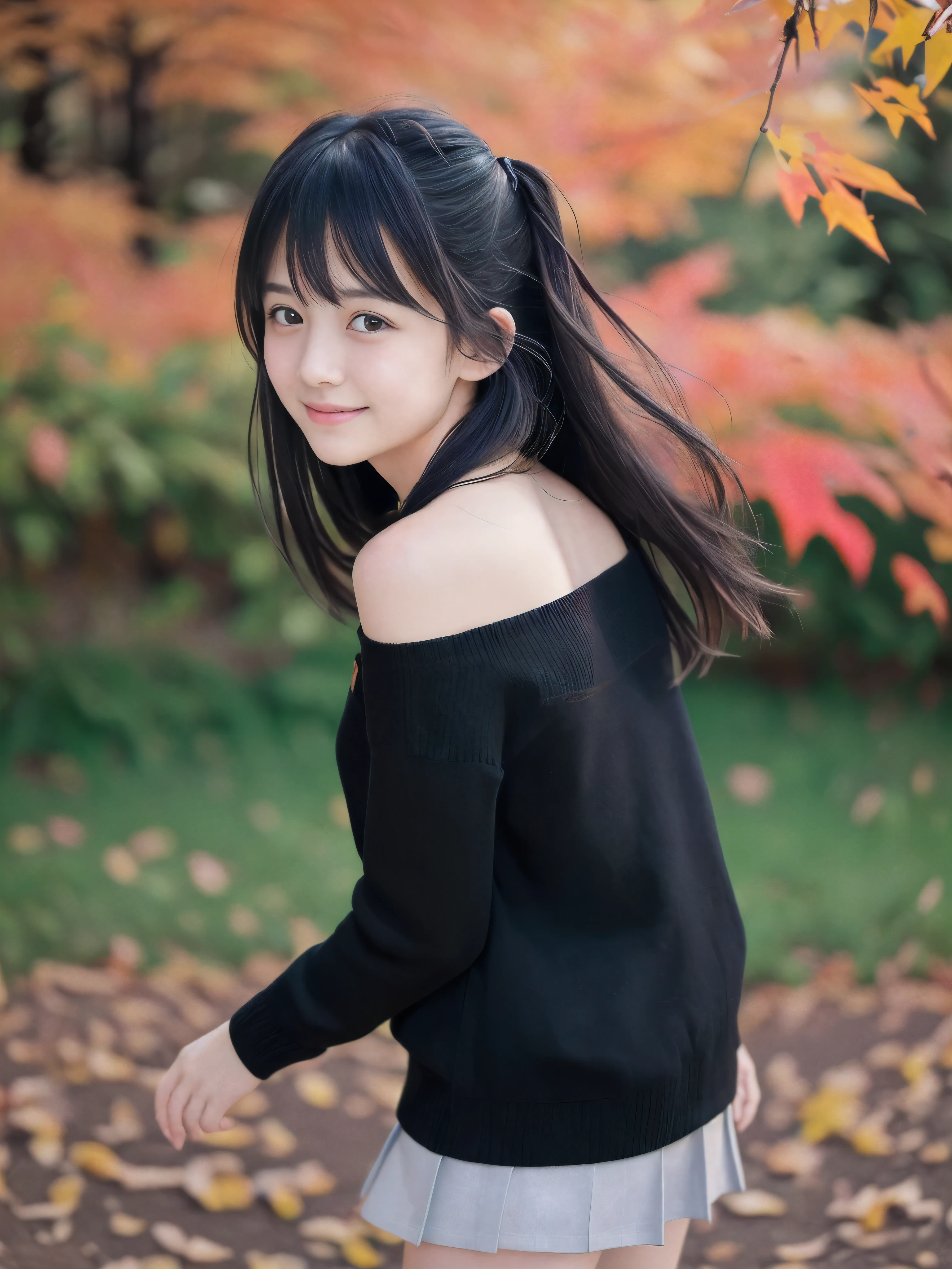 (Face shot of one slender small breasts two side up black medium hair bangs girl with crying little smile face in autmn shirt and sweater
:1.5)、(One girl is turn around  and her hair is blowing in long sleeves black school uniform:1.5)、(Beautiful red leaves and autmn mountain:1.5)、(Soft filter:1.5)、(8k ultra detailed master piece:1.5)、(perfect anatomy:1.5)、(Photorealistic stick:1.5)、(Raw photo:1.3)、(highest quality:1.5)、(High resolution:1.3)、(Delicate and beautiful perfect face:1.3)、(Delicate and beautiful eye air skin:1.3)、(Real Human Skin:1.3)、((thin legs))