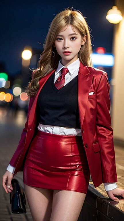 Highest quality,Ultra HD,8k,(Beautiful 25 year old Asian hit woman), (Blonde 1.4), (White skin), (Serious face), Red skirt suit 1.5, (((Three-piece suit))), (((Dress shirt))), (((tie))), blazer,(Thigh 1.2,Glamorous Body), (((Red Suit Jacket))), Black shiny lapel, (((Bodycon mini skirt))), Tight Skirt, bare legs 1.2,Cufflinks, (Night city background), View from the front, Well-groomed and beautiful face 1.2, Dynamic pose, Ambient Lighting, Photographic realism, Intricate facial details, Exquisite handcrafted details, Very detailed, Vibrant colors, Cinematic, High resolution, Trending Styles Raw on Artstation, , Excited,