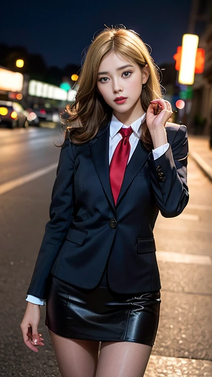 Highest quality,Ultra HD,8k,(Beautiful 25 year old Asian hit woman), (Blonde 1.4), (White skin), (Serious face), Red skirt suit 1.5, (((Three-piece suit))), (((Dress shirt))), (((tie))), blazer,(Thigh 1.2,Glamorous Body), (((Red Suit Jacket))), Black shiny lapel, (((Bodycon mini skirt))), Tight Skirt, bare legs 1.2,Cufflinks, (Night city background), View from the front, Well-groomed and beautiful face 1.2, Dynamic pose, Ambient Lighting, Photographic realism, Intricate facial details, Exquisite handcrafted details, Very detailed, Vibrant colors, Cinematic, High resolution, Trending Styles Raw on Artstation, , Excited,