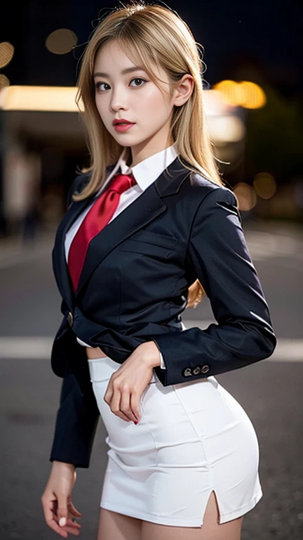 Highest quality,Ultra HD,8k,(Beautiful 25 year old Asian hit woman), (Blonde 1.4), (White skin), (Serious face), Red skirt suit 1.5, (((Three-piece suit))), (((Dress shirt))), (((tie))), blazer,(Thigh 1.2,Glamorous Body), (((Red Suit Jacket))), Black shiny lapel, (((Bodycon mini skirt))), Tight Skirt, bare legs 1.2,Cufflinks, (Night city background), View from the front, Well-groomed and beautiful face 1.2, Dynamic pose, Ambient Lighting, Photographic realism, Intricate facial details, Exquisite handcrafted details, Very detailed, Vibrant colors, Cinematic, High resolution, Trending Styles Raw on Artstation, , Excited,