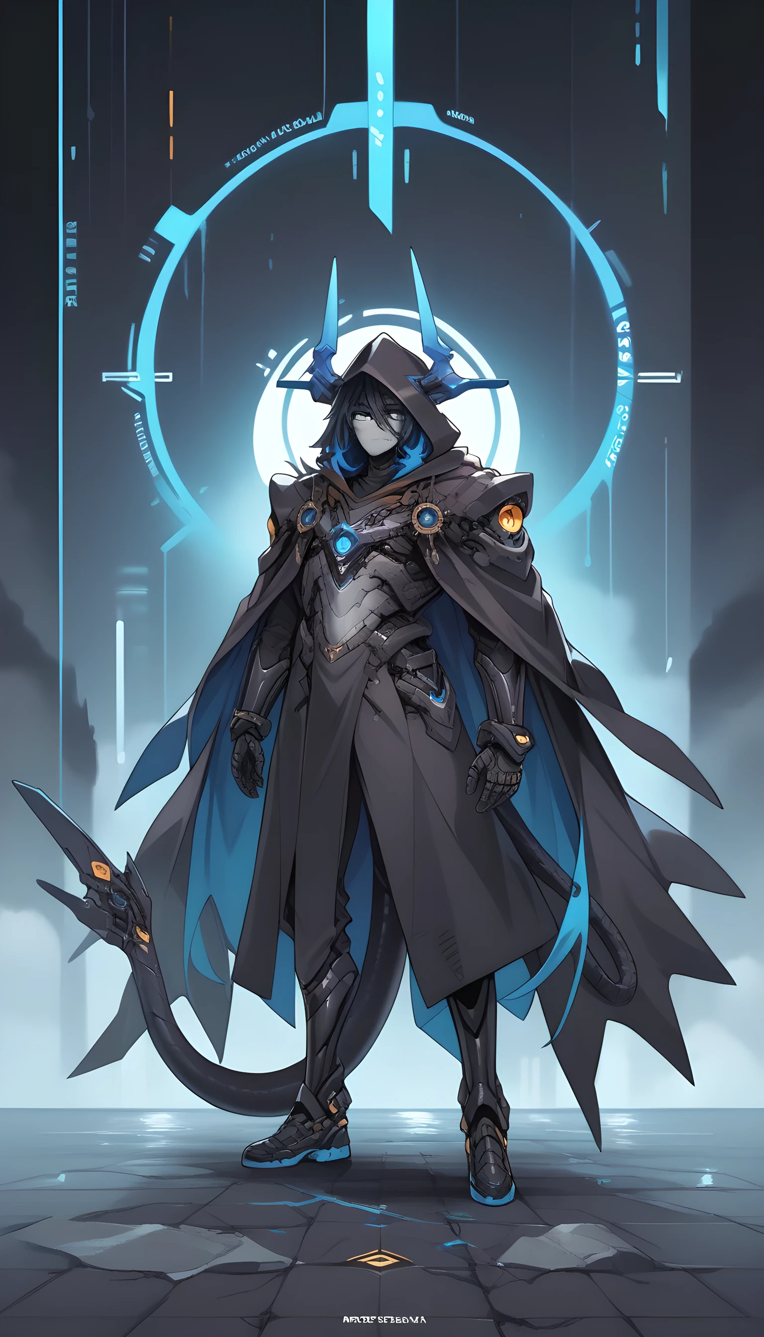 1 man,black hair,hair between eyes,messy hair,black suit,machina,horns,headgear,full armor,blue neon trims,neon array trims,black metal armor,(grey skin:1.2),black colour halo,tail coat,standing,black hood,cloak,solo,split mouth,sharp teeth