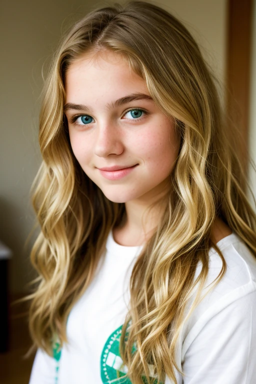 Fourteen-year-old girl with wavy blonde hair and green eyes