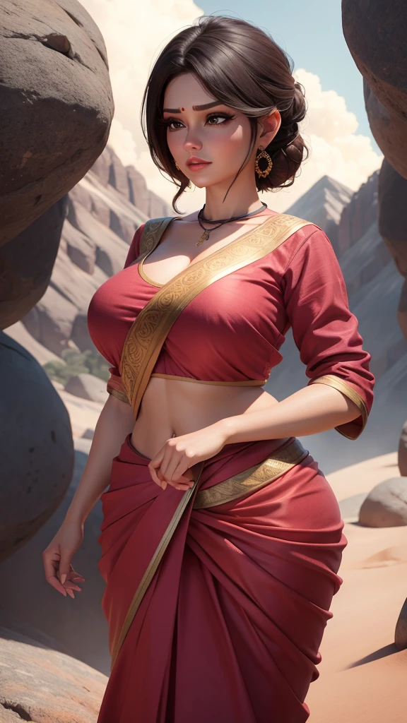 A woman, wear neck round blouse and saree, big cheak, breast,nipple,3D animation,a woman standing on the mountain,3d animation,