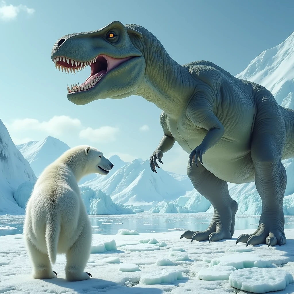Realistic plar bear and t-rex in one picture