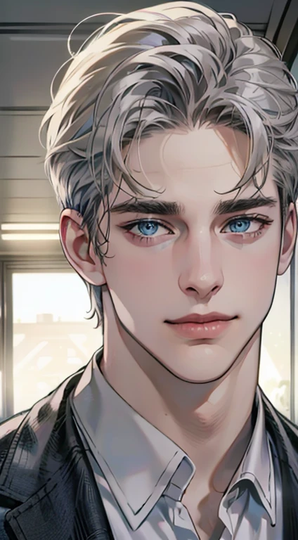 (best quality,4k,8k,highres,masterpiece:1.2),ultra-detailed,(realistic,photorealistic,photo-realistic:1.37),1 man,31 years old,mature man,very handsome,without expression,smile,short grey golden hair,blue eyes,penetrating gaze,perfect face without errors,imposing posture,businessman,office background,cinematic lighting,hdr image