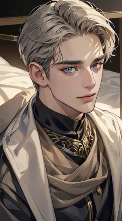 (best quality,4k,8k,highres,masterpiece:1.2),ultra-detailed,(realistic,photorealistic,photo-realistic:1.37),1 man,31 years old,mature man,very handsome,without expression,smile,short grey golden hair,blue eyes,penetrating gaze,perfect face without errors,imposing posture,businessman,office background,cinematic lighting,hdr image