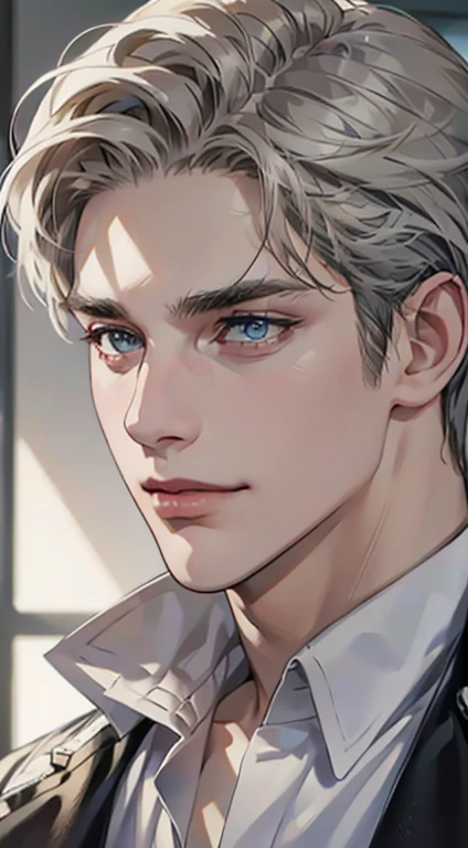 (best quality,4k,8k,highres,masterpiece:1.2),ultra-detailed,(realistic,photorealistic,photo-realistic:1.37),1 man,31 years old,mature man,very handsome,without expression,smile,short grey golden hair,blue eyes,penetrating gaze,perfect face without errors,imposing posture,businessman,office background,cinematic lighting,hdr image