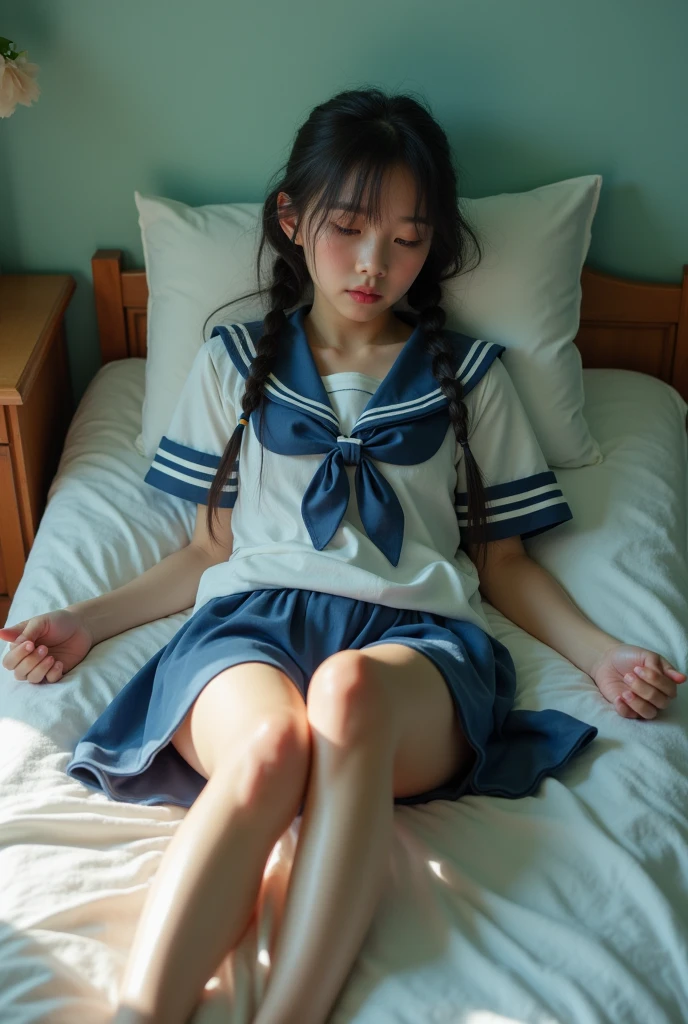 Japanese female  high school student, 13 yea hair in braids, cute school uniform, unbuttoned sailor suit, skirt rolled up wide, sleeping on a bed in the nurse&#39;s office, menstrual pain, fever, sweaty forehead, flushed cheeks, sweat running down chest, steamy panties, girlish buttocks, sweaty inner thighs, flushed thighs, panties digging into, damp panties
