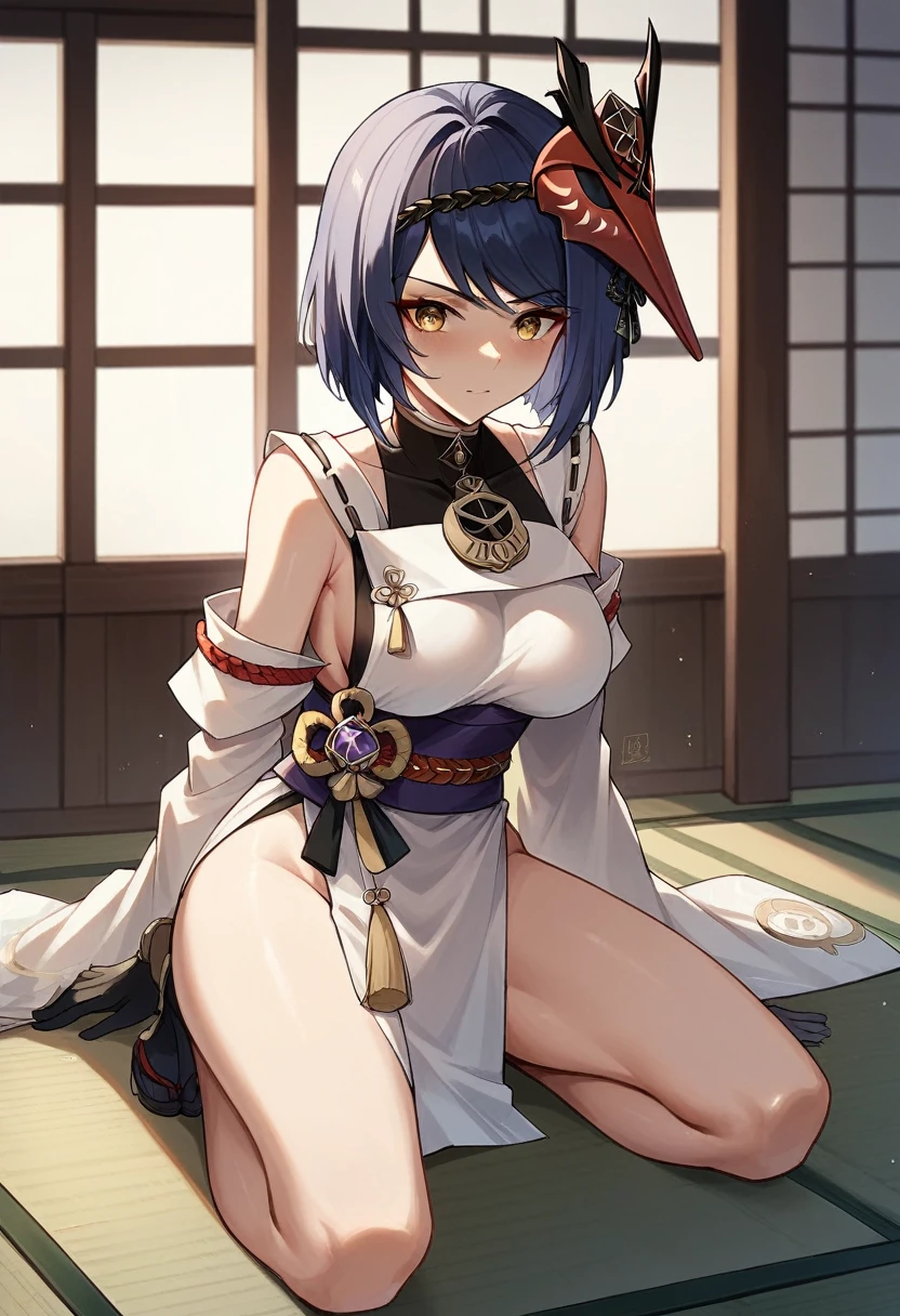 1 girl, Kujou Sara , Genshin Impact, kneeling, Japanese style room, seiza