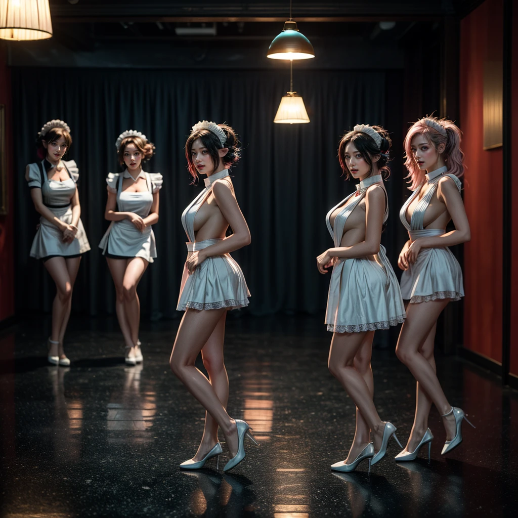 (Full Body of Extremely Detailed((Sexy Maid Group in a row:1.37))), KAWAII perfect face, Reflective Eyes, Detailed(Delicate Clothing textures), Correct Leg Line, Dynamic Joyful Expressions LifeLike Rendering, Specular Reflection, TopQuality 8K Ultra-detailed masterpiece (ProfessionalPhoto:1.37), (Acutance:0.8), (Luminism:1.28), Renaissance art style, Colorful Light particles, ((Full body from side)), {MicroMini Skirt|Kissing|Thigh Gap|AssFocus|(NakedApron with (Overflowing Sideboob))|[Gold NippleSticker]}, Radiant Fine Skin with Transparency, (Exposed:0.41), (Different types of Anime hair color){Pink Hair|LightBlue Hair|Platinum Blonde|Pure White Hair|Liquid Hair}, Perfect Lighting 