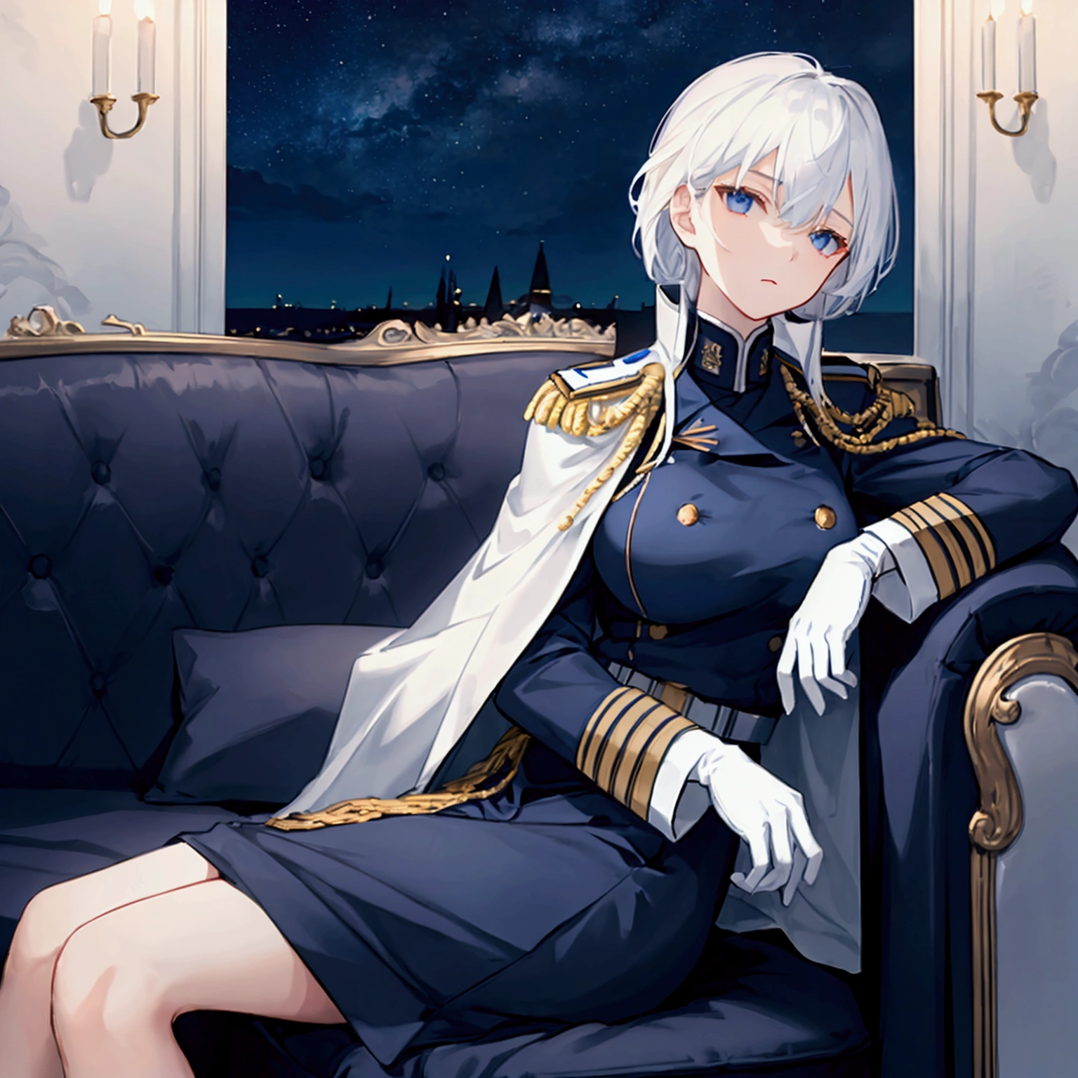 Night sky background, night time, Military uniform, dark blue uniform, white cape, white glove, 1woman, solo, white hair, shining hair, medium-large breast, sitting on couch, facing viewer, arrogant,