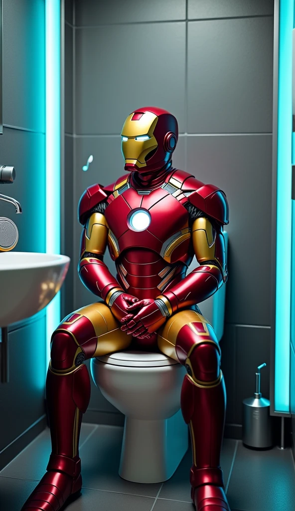 Image haute qualité de Iron Man assis sur les toilettes en train d'écouter de la musique.