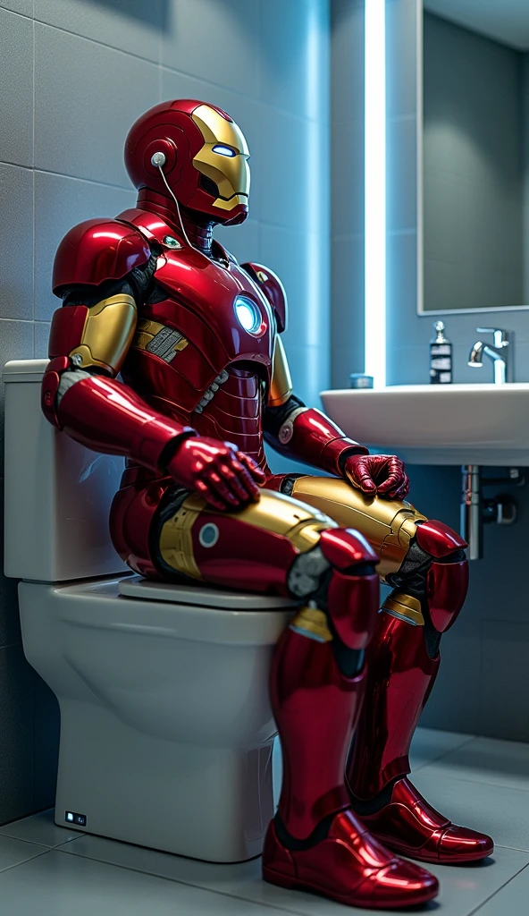 Image haute qualité de Iron Man assis sur les toilettes en train d'écouter de la musique.