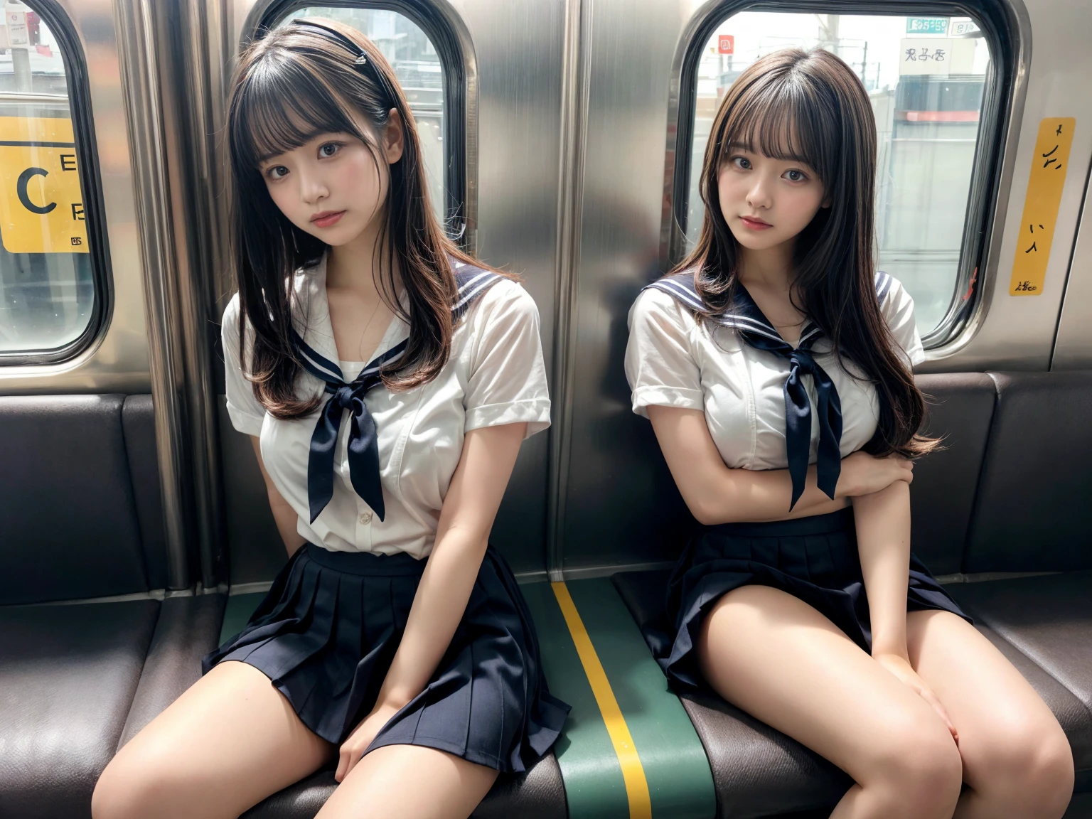 masterpiece, best quality, illustration, Super detailed, fine details, High resolution, 8K,wall paper, perfect dynamic composition,(Details High quality, realistic depiction of eyes:1.3), (2 girls), Black Sailor Uniform, serafuku, Navy pleated skirt, sitting, open legs, short bob hair, Sitting on a train in Tokyo, deep on field, large breasts, black hair color, Big Natural Color Lip, (perfect body shape), crying a little、Harajuku style、20 year old girl、cute type、beautiful legs, Gravure Idol