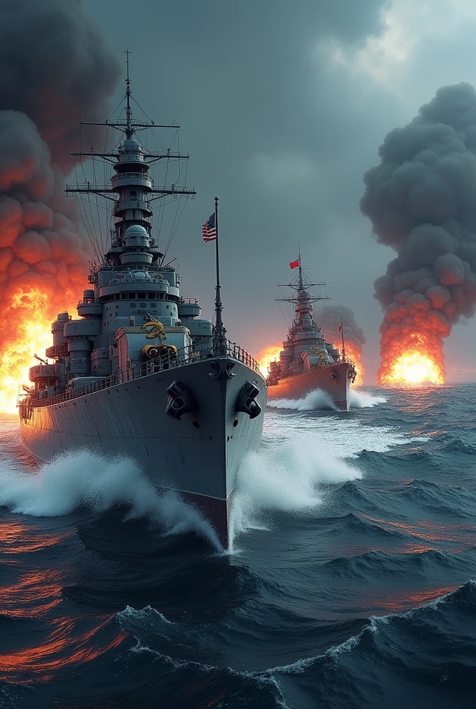 Image of Nishimura's fleet fighting. Make it more realistic. Battleship Fusō、Add Battleship Yamashiro
Make it more realistic