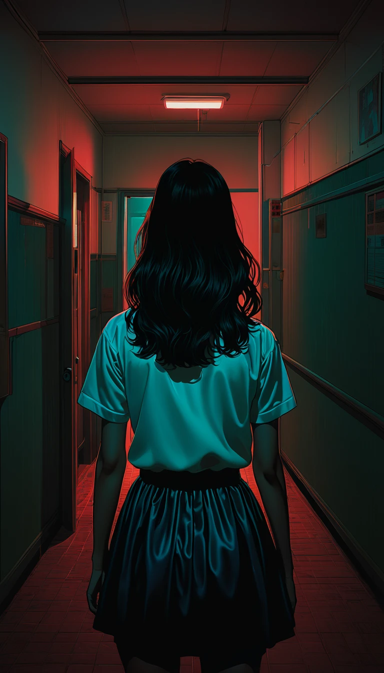 An illustration、art、80s Thai horror movie poster, Supervised by Junji Ito、(high school girl:1.0)、evening、Inside the room、Vacant rooms、Attention to detail, Realistic Shadows、Analog Style, chromatic aberration, Surrealism、Complementary Gradient