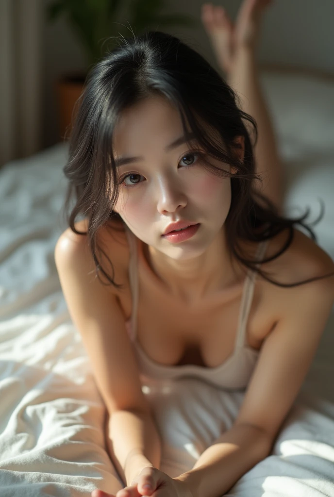 realistic photo, 20 year old japanese woman, nude, lying on bed with legs spread, detailed face and body, natural lighting, high resolution, photorealistic, (best quality,8k,highres,masterpiece:1.2),ultra-detailed,(realistic,photorealistic,photo-realistic:1.37),realistic skin texture,detailed eyes and lips,beautiful detailed face,long eyelashes,smooth skin,natural body shape